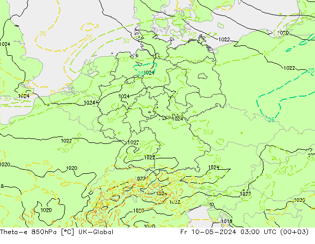 Theta-e 850hPa UK-Global ven 10.05.2024 03 UTC