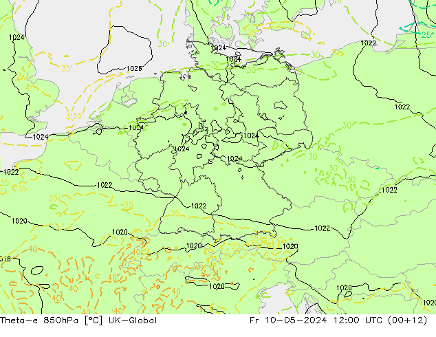 Theta-e 850hPa UK-Global Fr 10.05.2024 12 UTC