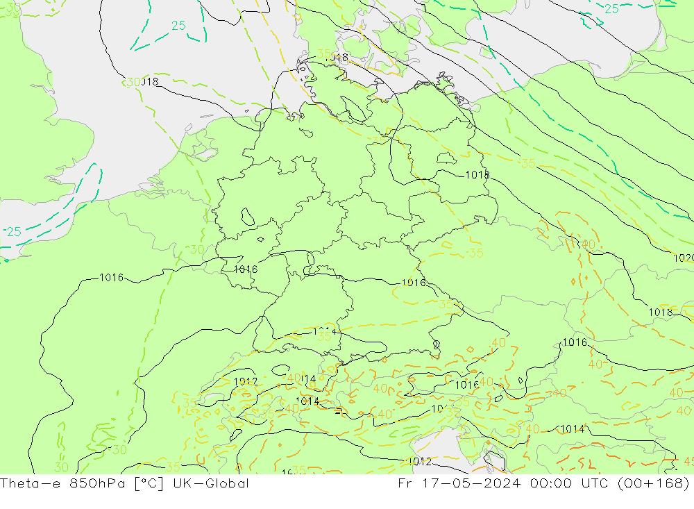 Theta-e 850hPa UK-Global Pá 17.05.2024 00 UTC