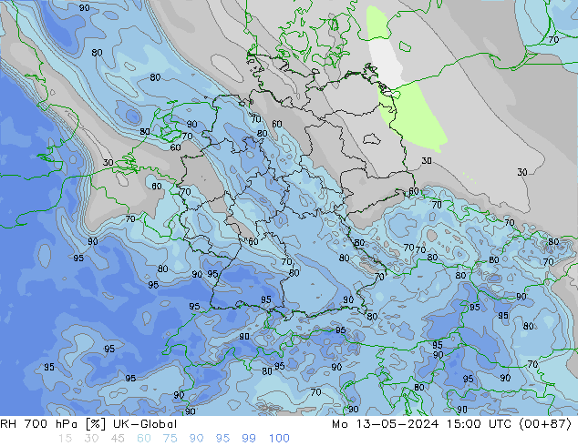 Humidité rel. 700 hPa UK-Global lun 13.05.2024 15 UTC