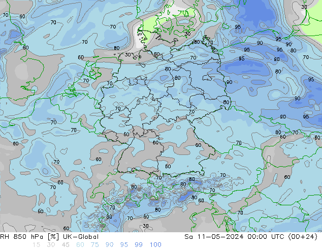 Humidité rel. 850 hPa UK-Global sam 11.05.2024 00 UTC
