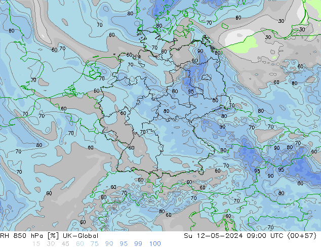 Humidité rel. 850 hPa UK-Global dim 12.05.2024 09 UTC