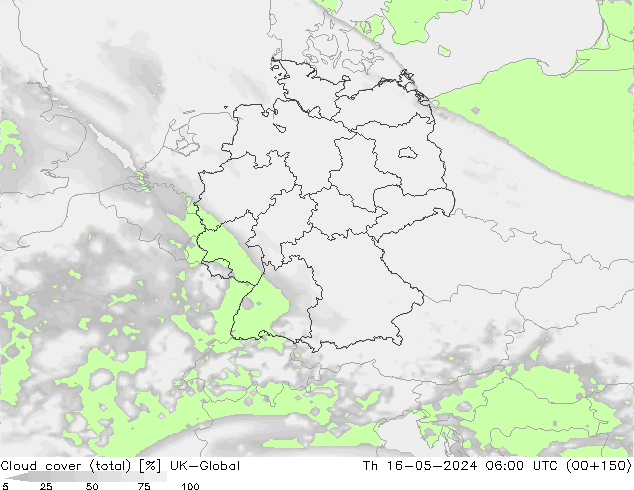 Cloud cover (total) UK-Global Th 16.05.2024 06 UTC