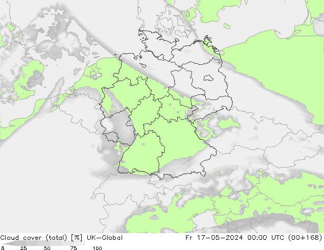 Bewolking (Totaal) UK-Global vr 17.05.2024 00 UTC