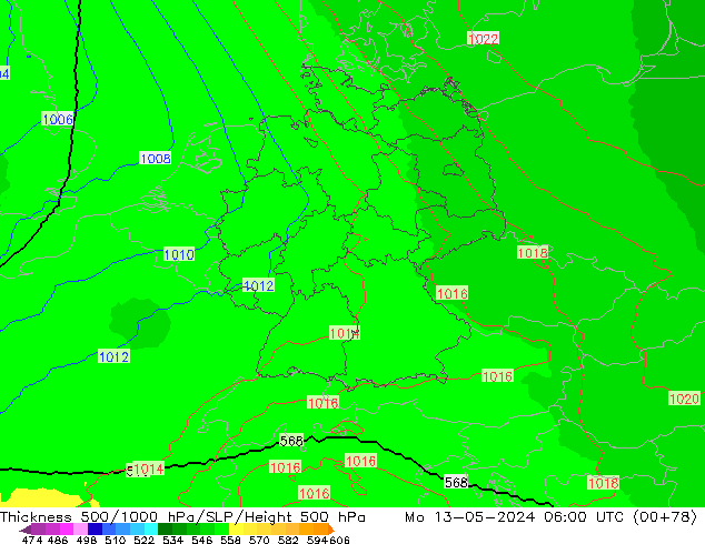 Thck 500-1000гПа UK-Global пн 13.05.2024 06 UTC