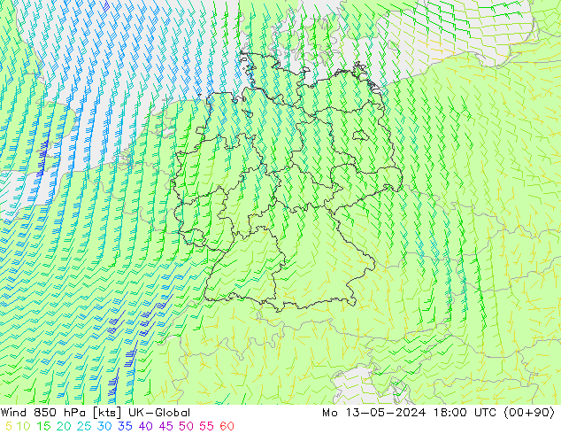 Vent 850 hPa UK-Global lun 13.05.2024 18 UTC