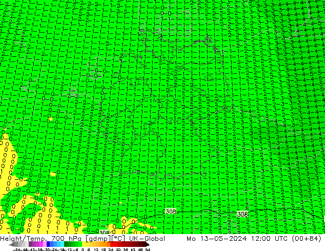 Height/Temp. 700 hPa UK-Global Po 13.05.2024 12 UTC