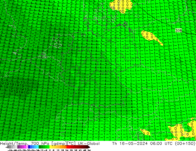 Geop./Temp. 700 hPa UK-Global jue 16.05.2024 06 UTC