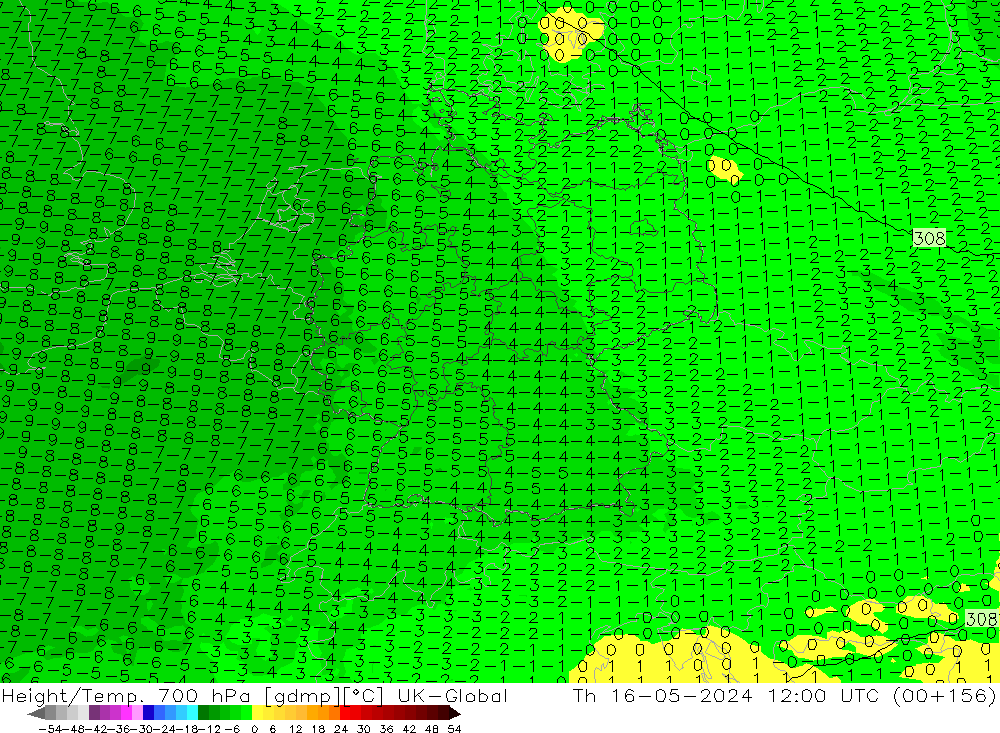 Height/Temp. 700 hPa UK-Global Čt 16.05.2024 12 UTC