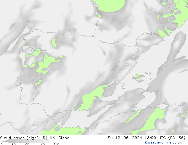 Cloud cover (high) UK-Global Su 12.05.2024 18 UTC