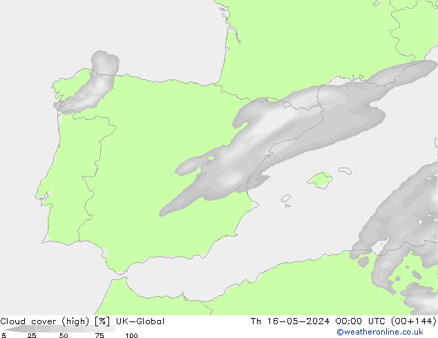 Cloud cover (high) UK-Global Th 16.05.2024 00 UTC