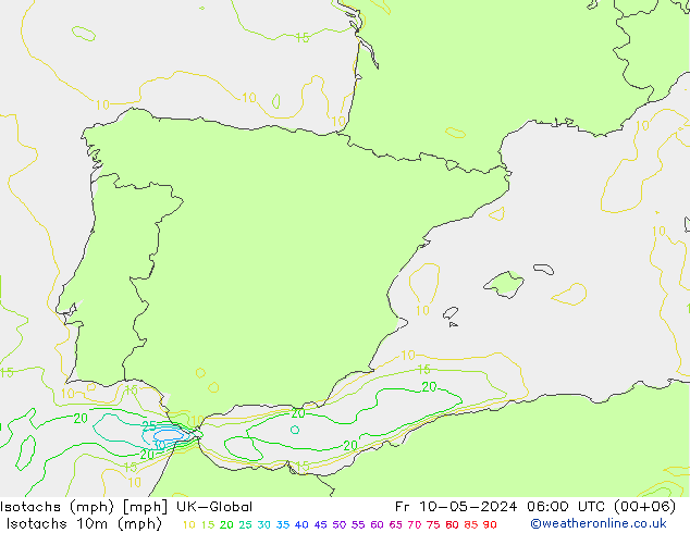 Isotachen (mph) UK-Global Fr 10.05.2024 06 UTC