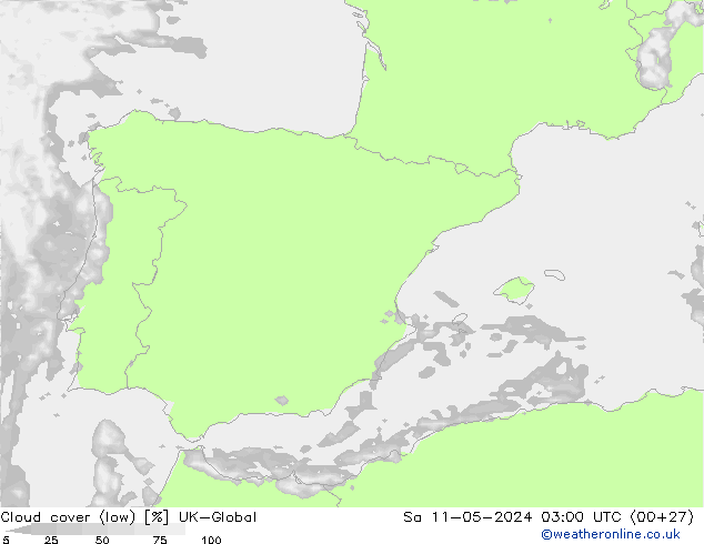 Cloud cover (low) UK-Global Sa 11.05.2024 03 UTC