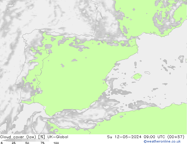 Cloud cover (low) UK-Global Su 12.05.2024 09 UTC