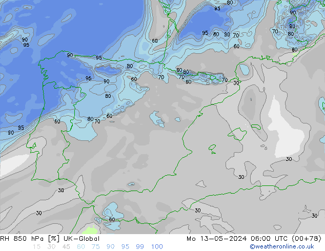 RH 850 hPa UK-Global Mo 13.05.2024 06 UTC