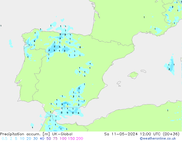 Precipitación acum. UK-Global sáb 11.05.2024 12 UTC