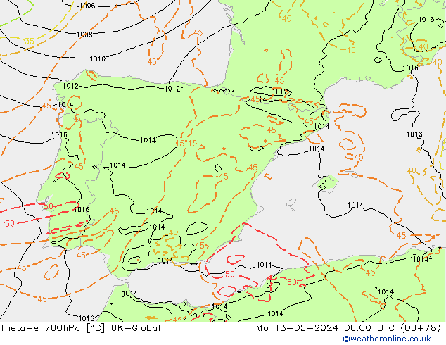 Theta-e 700hPa UK-Global ma 13.05.2024 06 UTC