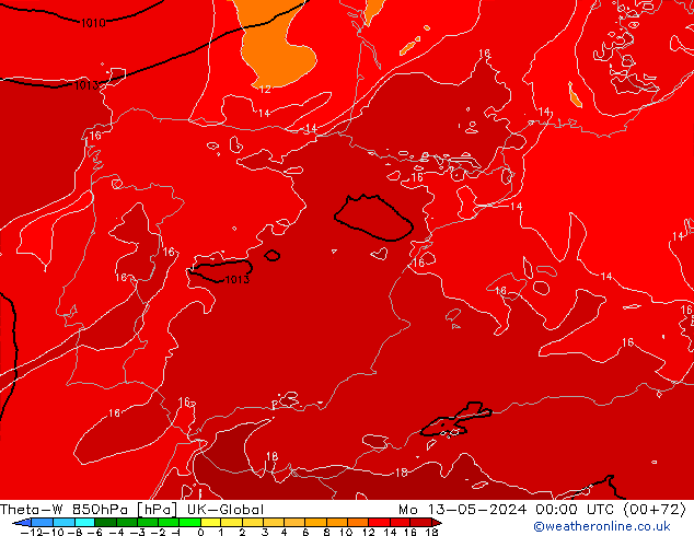 Theta-W 850hPa UK-Global Mo 13.05.2024 00 UTC