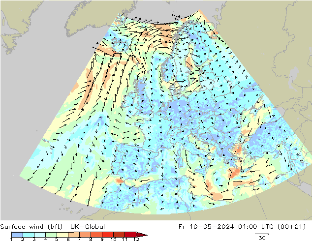 Surface wind (bft) UK-Global Fr 10.05.2024 01 UTC