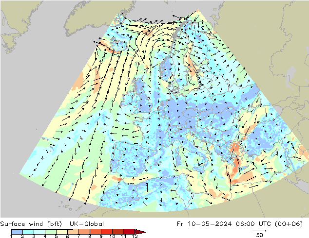 Surface wind (bft) UK-Global Pá 10.05.2024 06 UTC