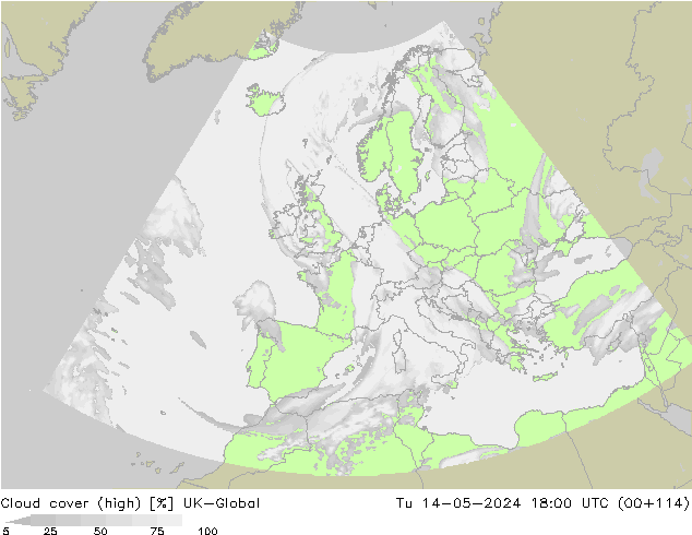 Cloud cover (high) UK-Global Tu 14.05.2024 18 UTC