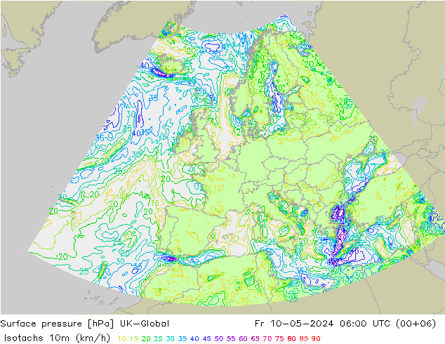 Isotachen (km/h) UK-Global Fr 10.05.2024 06 UTC