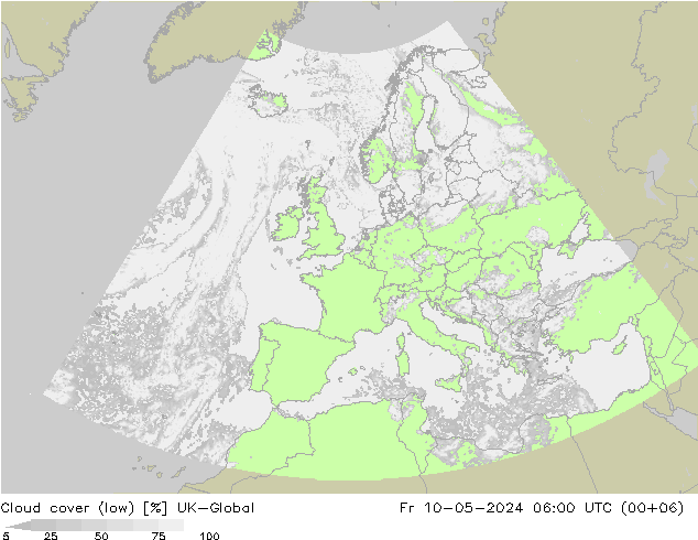 Cloud cover (low) UK-Global Fr 10.05.2024 06 UTC