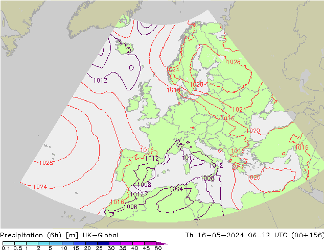 Totale neerslag (6h) UK-Global do 16.05.2024 12 UTC
