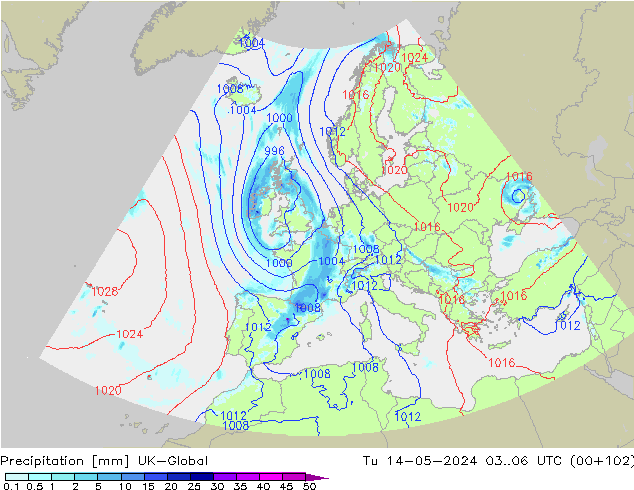 Precipitation UK-Global Tu 14.05.2024 06 UTC