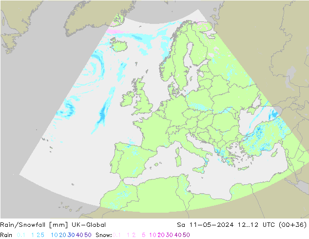 Rain/Snowfall UK-Global Sáb 11.05.2024 12 UTC
