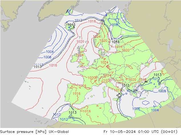 Pressione al suolo UK-Global ven 10.05.2024 01 UTC