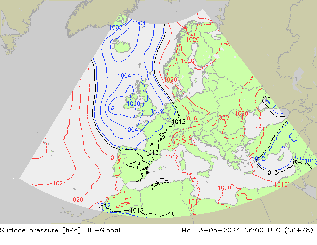 Surface pressure UK-Global Mo 13.05.2024 06 UTC