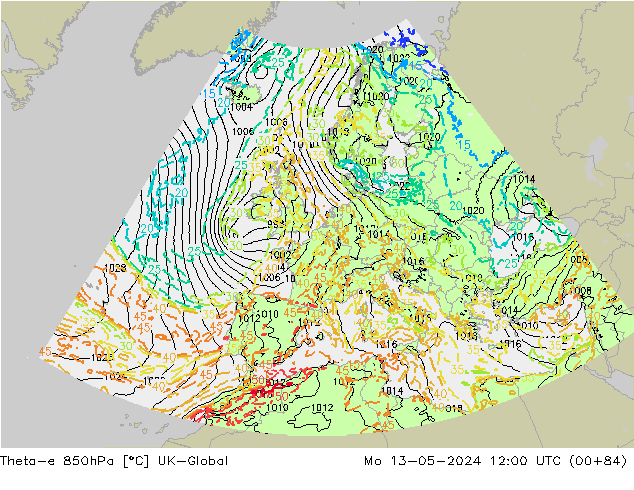 Theta-e 850hPa UK-Global Po 13.05.2024 12 UTC