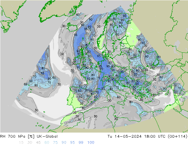 Humedad rel. 700hPa UK-Global mar 14.05.2024 18 UTC