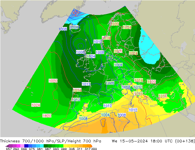 Espesor 700-1000 hPa UK-Global mié 15.05.2024 18 UTC