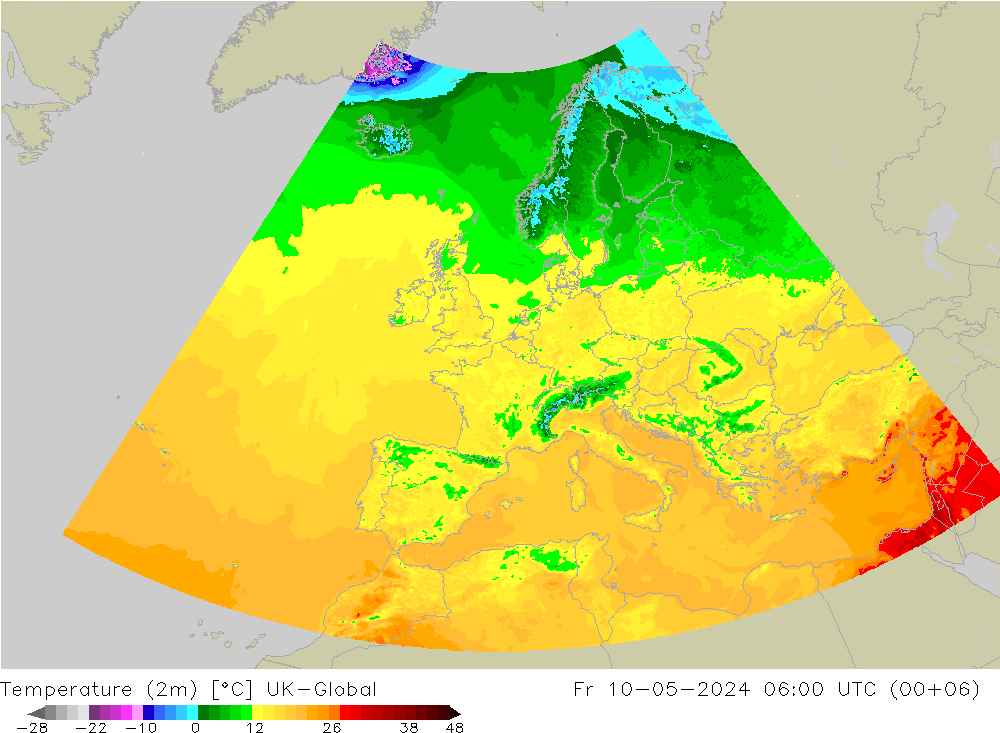 Temperatuurkaart (2m) UK-Global vr 10.05.2024 06 UTC