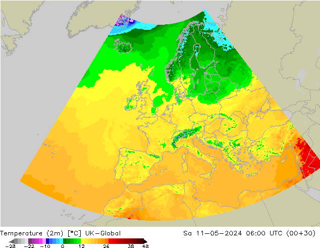 Temperatuurkaart (2m) UK-Global za 11.05.2024 06 UTC