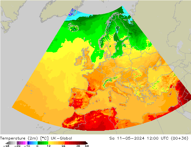 Temperatura (2m) UK-Global sáb 11.05.2024 12 UTC