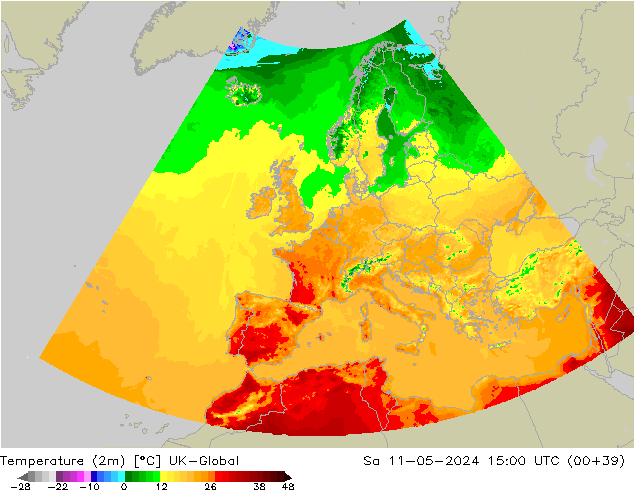 mapa temperatury (2m) UK-Global so. 11.05.2024 15 UTC