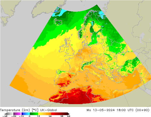 Temperature (2m) UK-Global Mo 13.05.2024 18 UTC