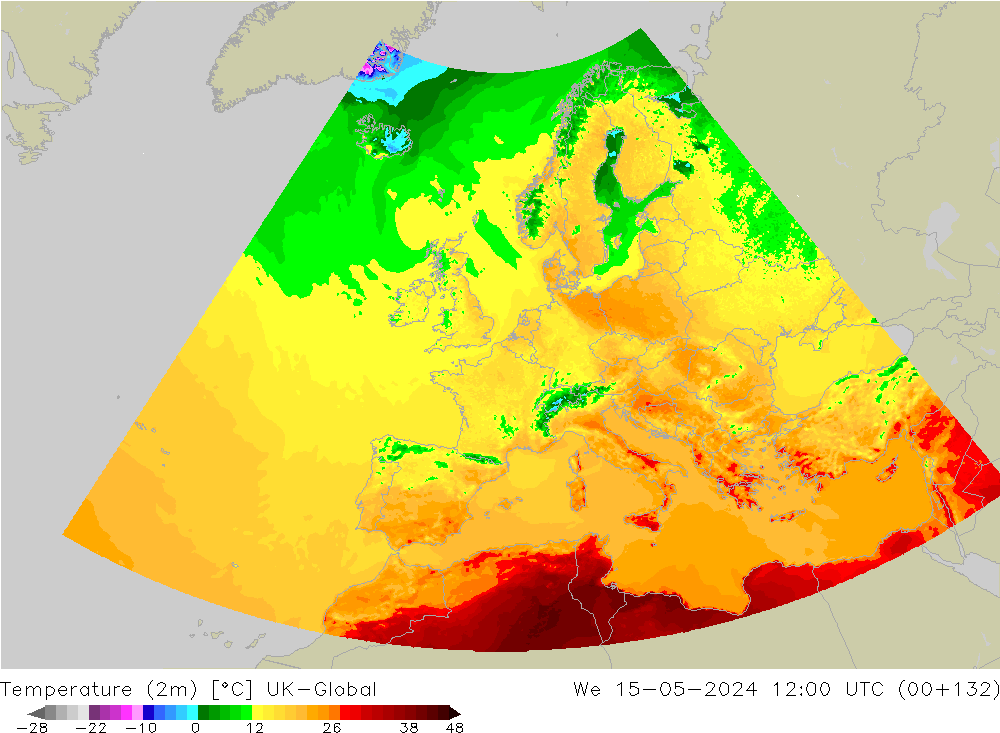 Temperatuurkaart (2m) UK-Global wo 15.05.2024 12 UTC