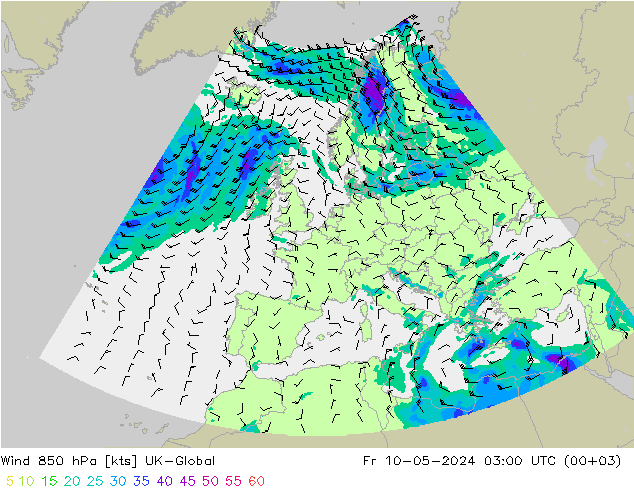 风 850 hPa UK-Global 星期五 10.05.2024 03 UTC