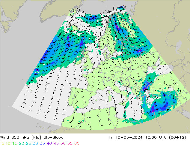 Wind 850 hPa UK-Global Fr 10.05.2024 12 UTC