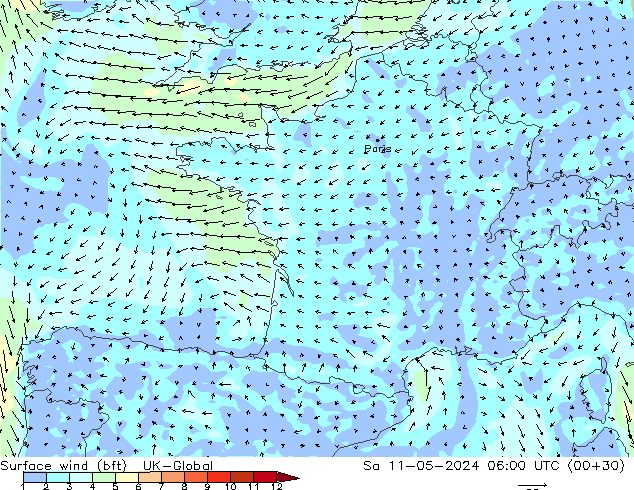 Surface wind (bft) UK-Global Sa 11.05.2024 06 UTC