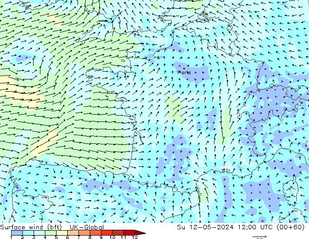 Surface wind (bft) UK-Global Ne 12.05.2024 12 UTC
