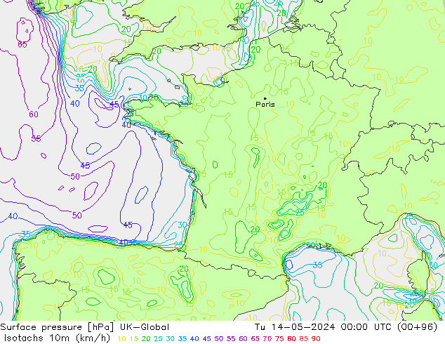 Isotachs (kph) UK-Global  14.05.2024 00 UTC