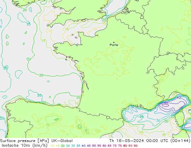 Isotaca (kph) UK-Global jue 16.05.2024 00 UTC