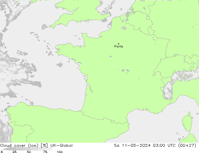 Cloud cover (low) UK-Global Sa 11.05.2024 03 UTC