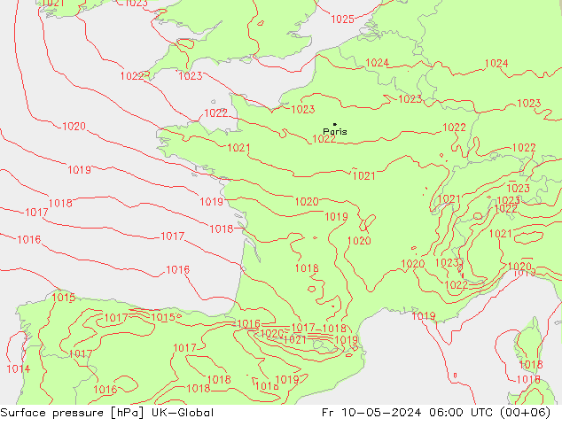 Pressione al suolo UK-Global ven 10.05.2024 06 UTC