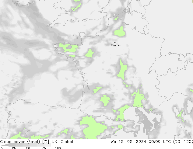 Bewolking (Totaal) UK-Global wo 15.05.2024 00 UTC